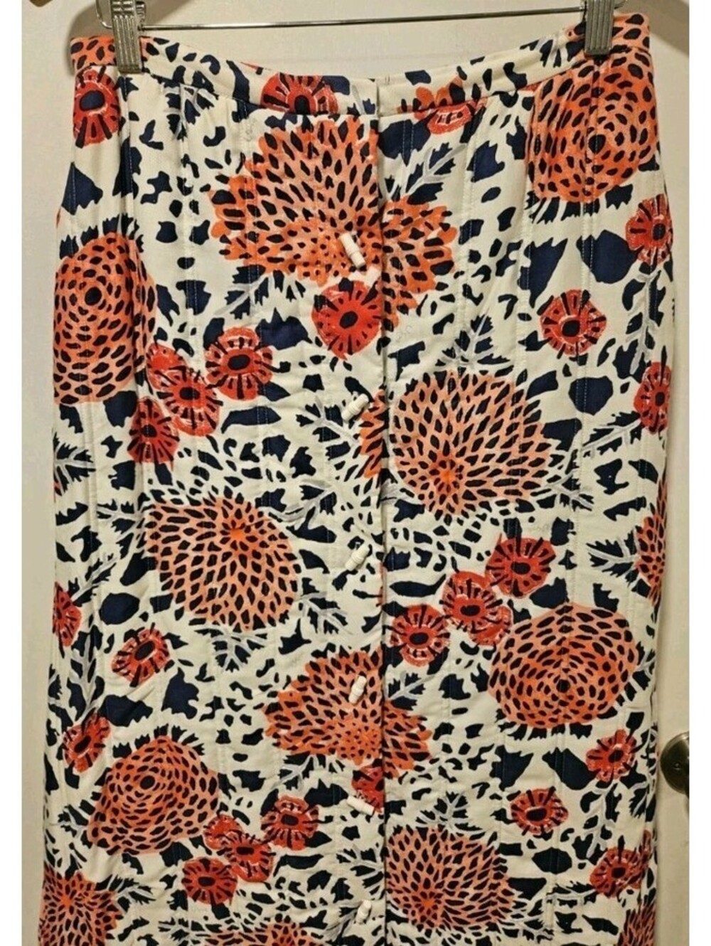 Vera Neumann Sz 12 Vintage Maxi Skirt Quilt Floral White Blue Red Toggle Button - Picture 6 of 11
